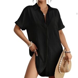 Bsubseach Black Button Down Swim Cover Up Shirt Short Sleeve Textured Size Small